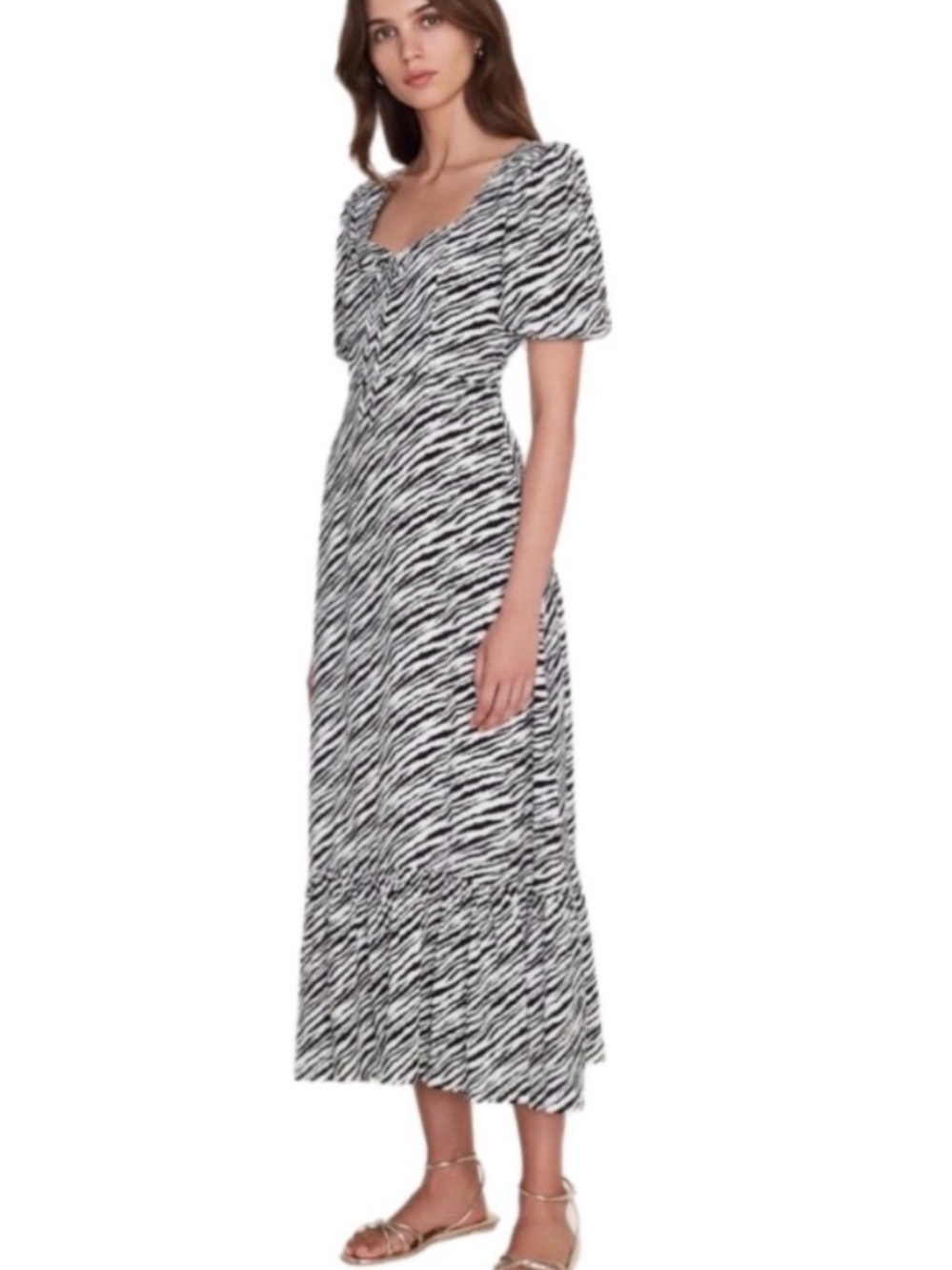 Faithfull the Brand Black & White Zebra-Print Puff-Sleeve Maxi Dress